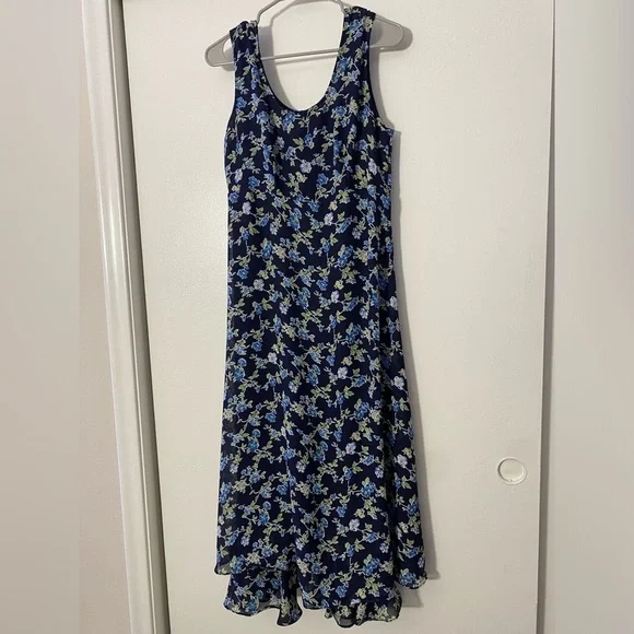 Vintage 90s Navy Floral Maxi Dress Size Medium - Picture 1 of 7